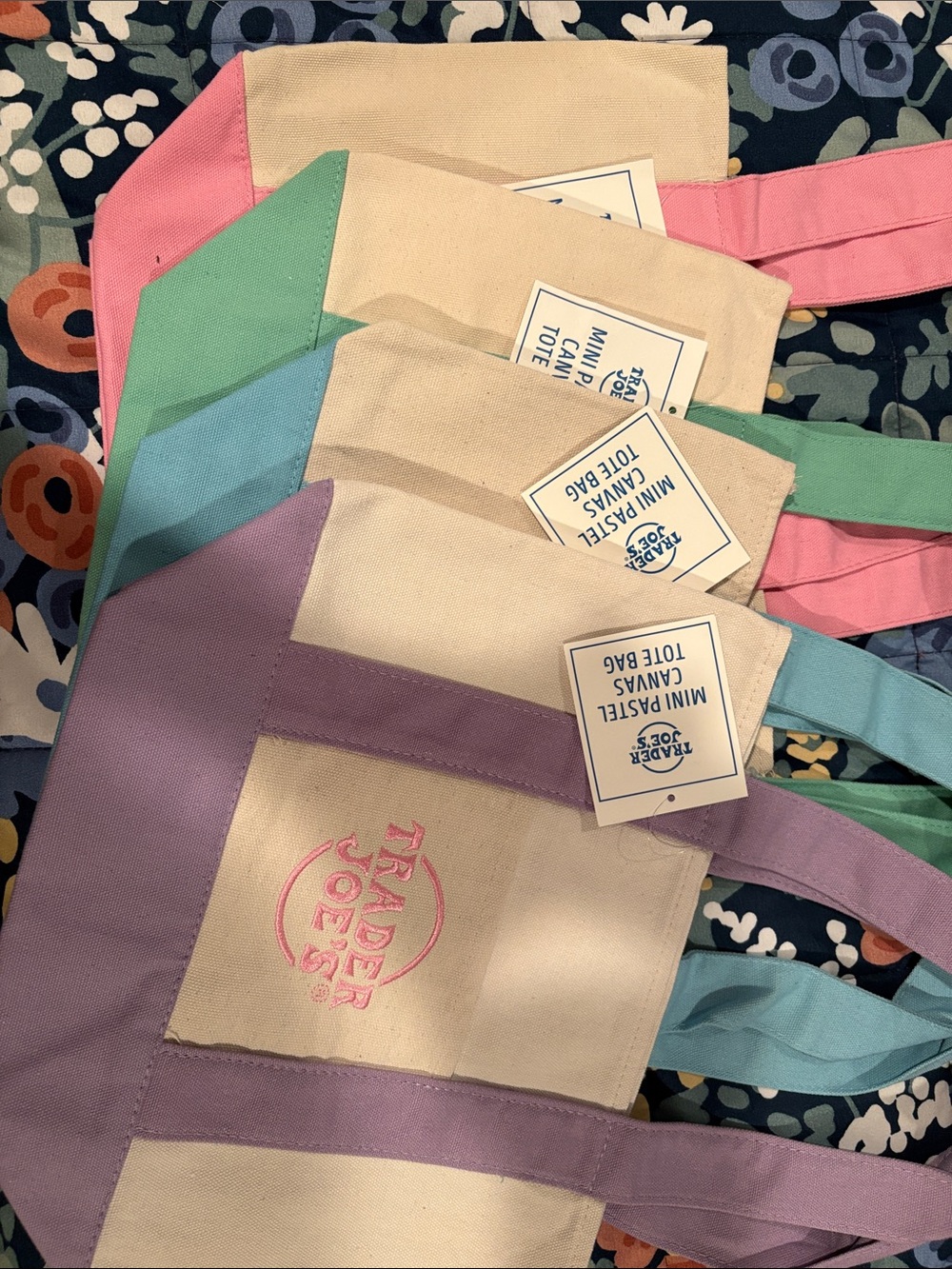 4 Trader Joe’s spring canvas mini tote bags. NWT